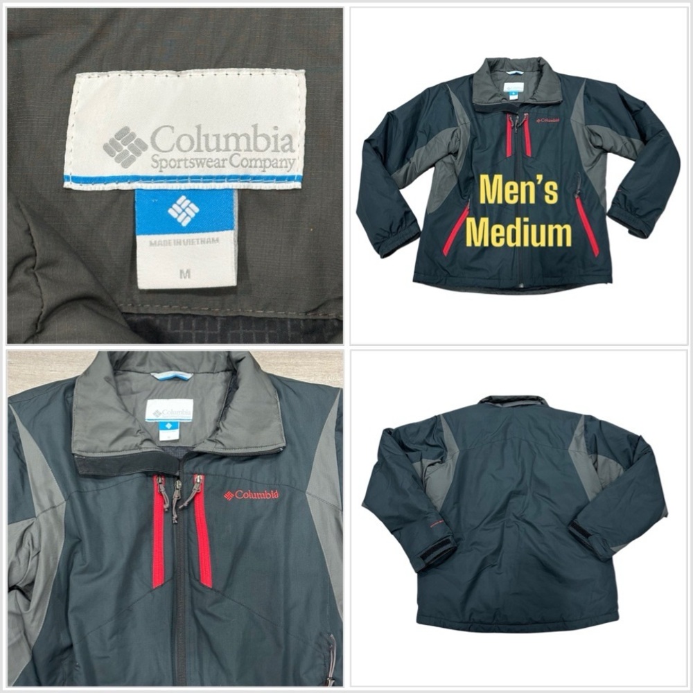 Columbia Medium Coat Jacket Ski Black Red Full Zip Omni Tech 6 Pockets insulated